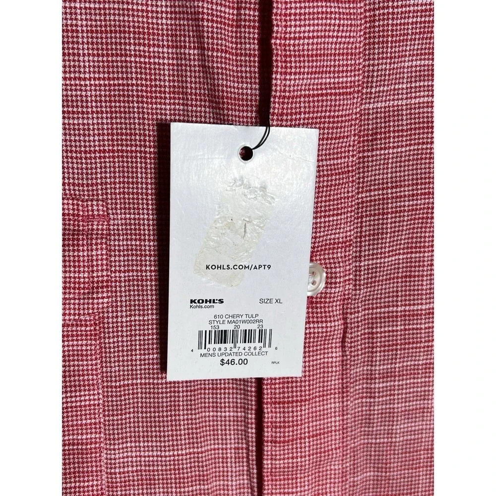 Apt 9 Button Up Shirt Mens Sz XL Red Houndstooth Cotton Pockets Long Sleeve New